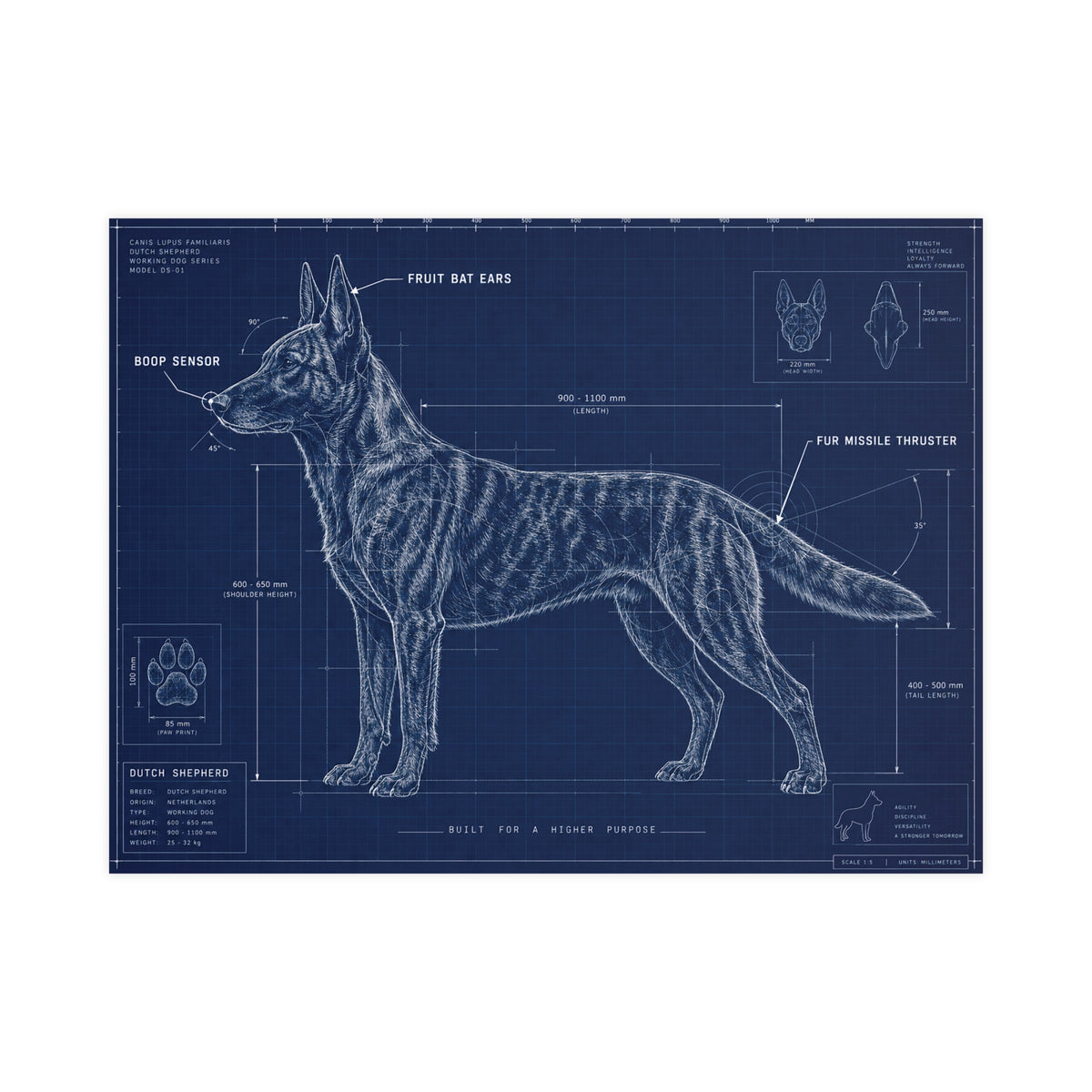 Belgian Malinois Blueprint Poster — Matte Dog Anatomy Print (Horizontal)