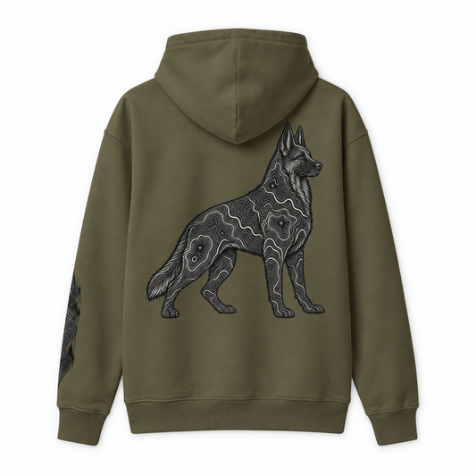 German Shepherd Silhouette Hoodie – Subtle Topographic Dog Graphic