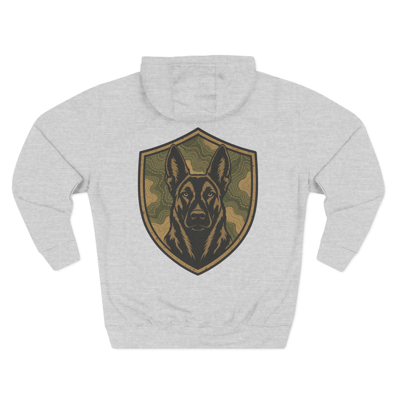 K9 Unit Shield Hoodie — Camouflage Dutch Shepherd Tactical Dog Design