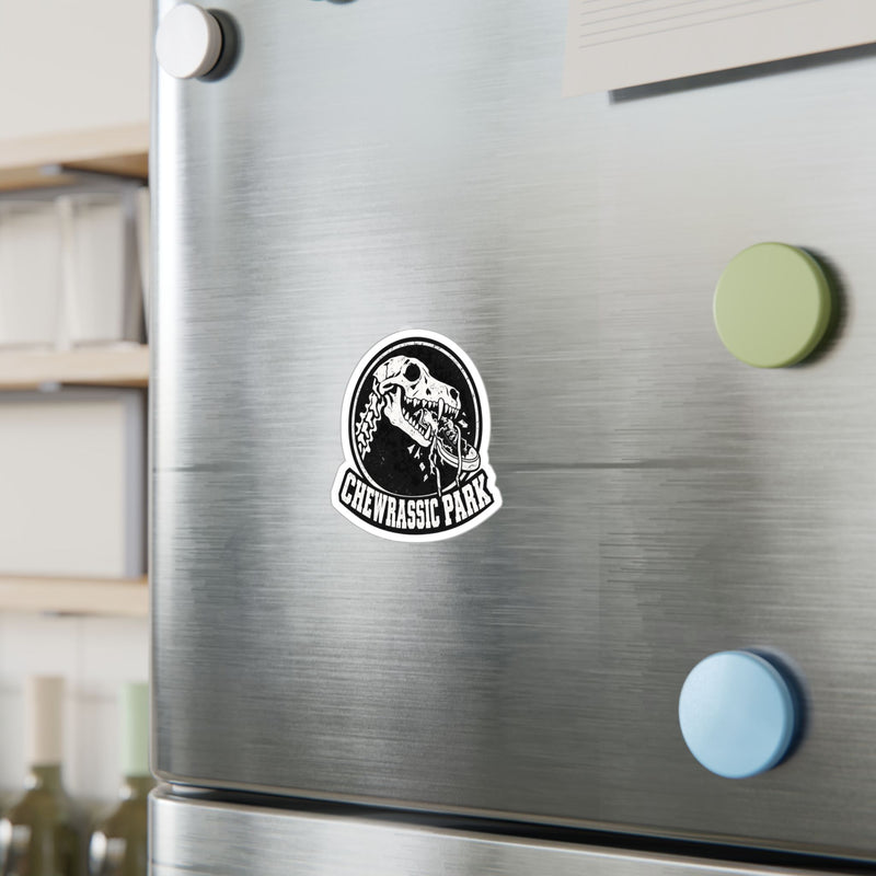 Chewrassic Park K9 Skull Vinyl Sticker — Funny Dog Chewing Shoe Kiss-Cut Decal