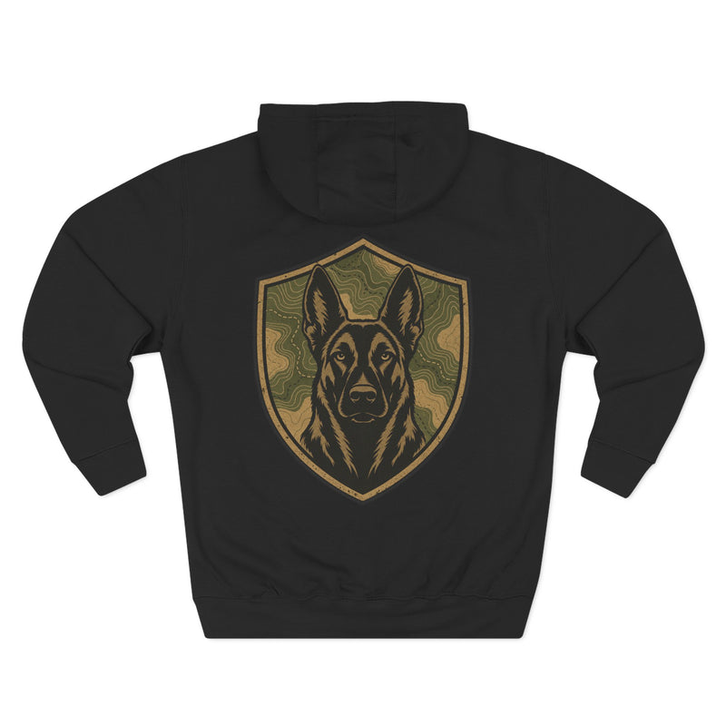 K9 Unit Shield Hoodie — Camouflage Dutch Shepherd Tactical Dog Design