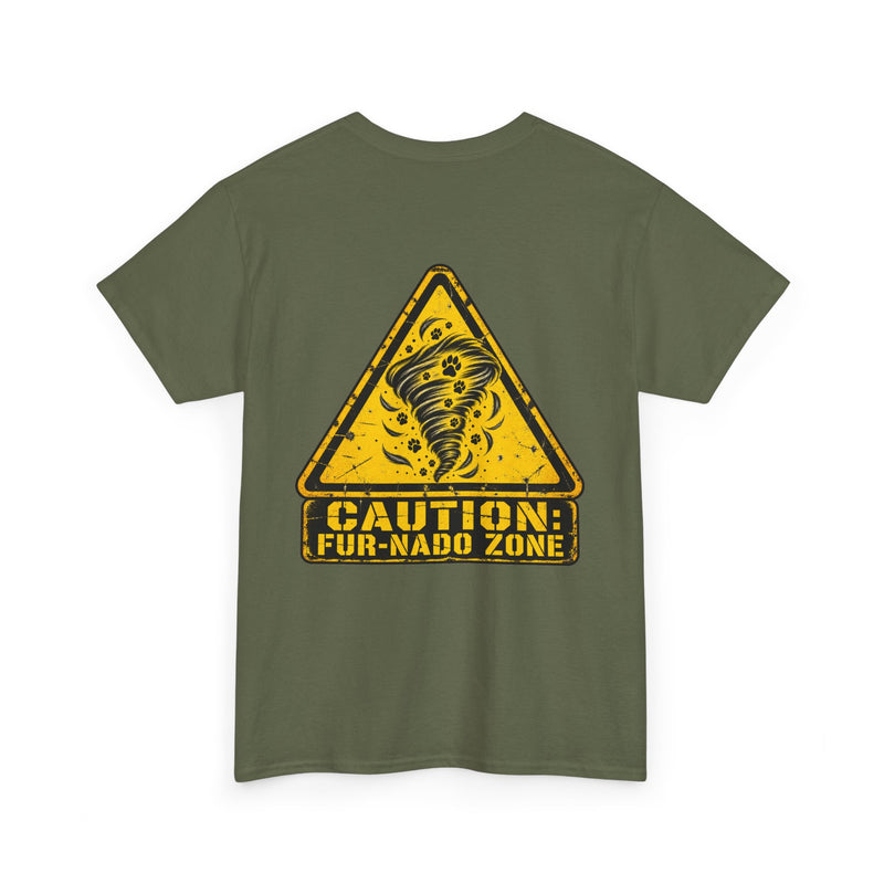 T-Shirt — "Caution: Fur-nado Zone" Graphic Tee (Pet Lover Warning Sign)