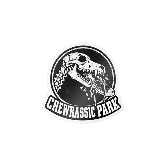 Chewrassic Park K9 Skull Vinyl Sticker — Funny Dog Chewing Shoe Kiss-Cut Decal