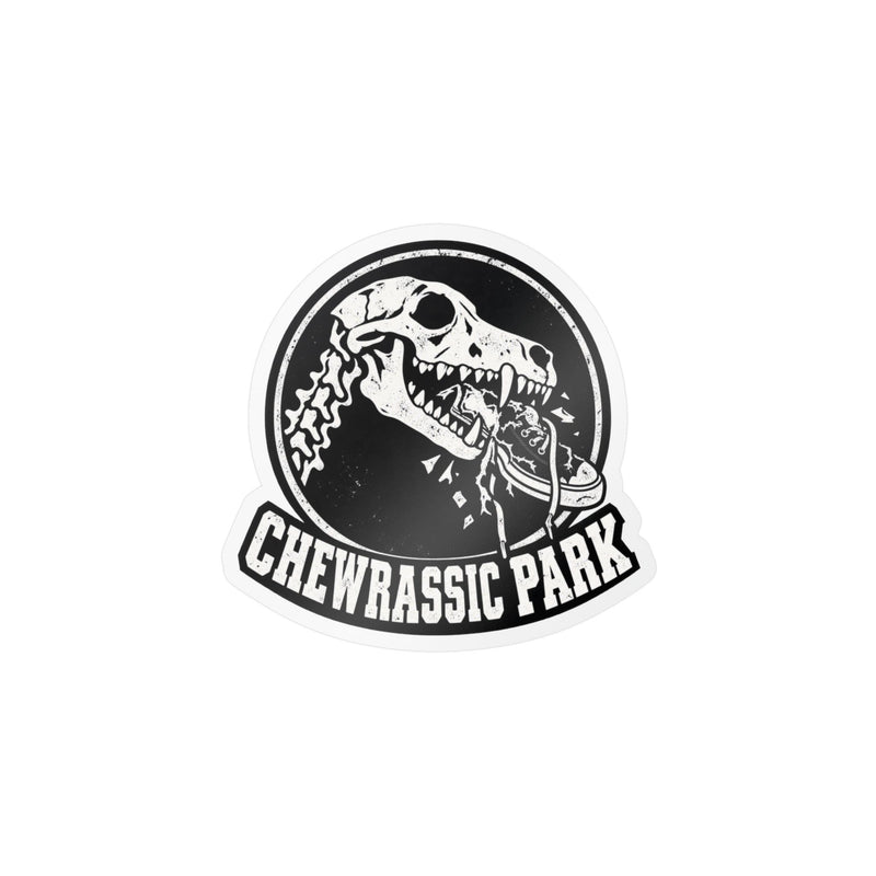 Chewrassic Park K9 Skull Vinyl Sticker — Funny Dog Chewing Shoe Kiss-Cut Decal