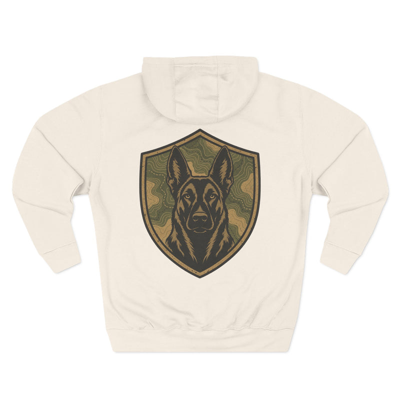 K9 Unit Shield Hoodie — Camouflage Dutch Shepherd Tactical Dog Design