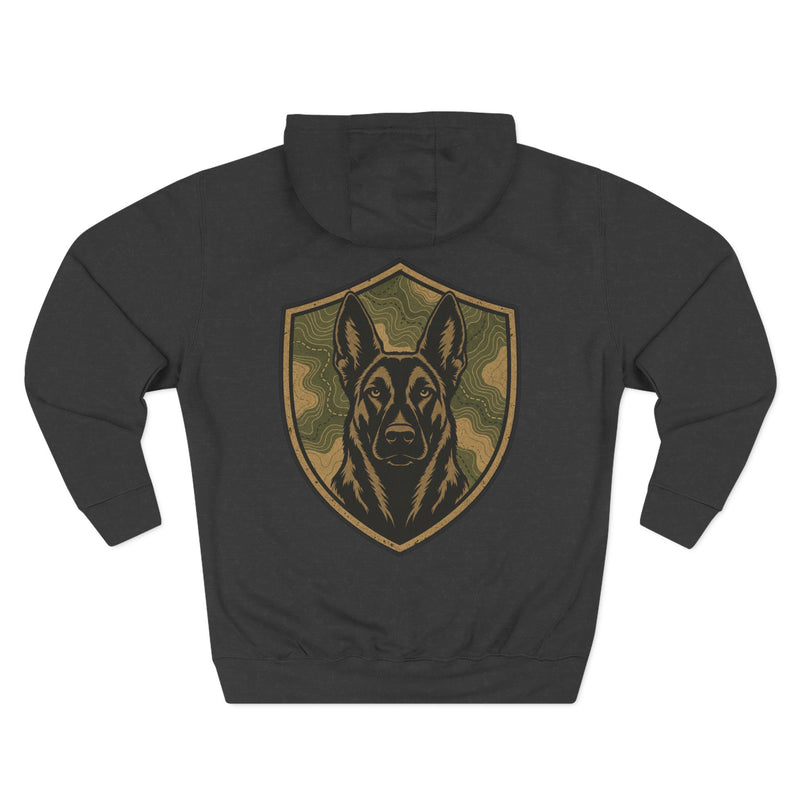 K9 Unit Shield Hoodie — Camouflage Dutch Shepherd Tactical Dog Design