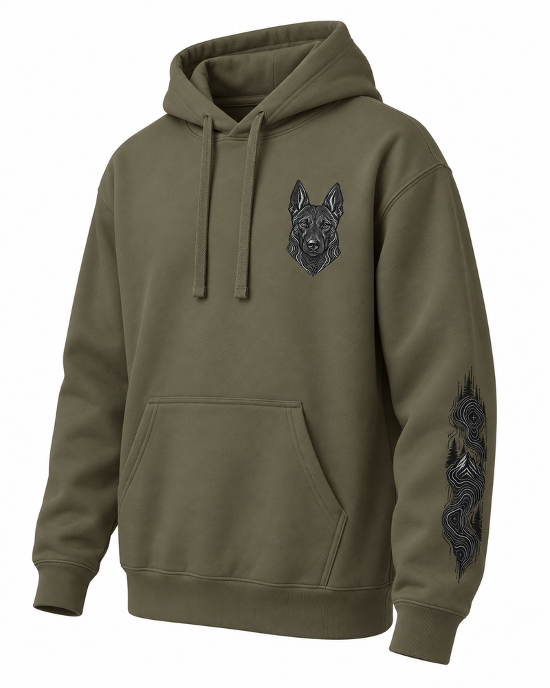 Belgian Malinios Silhouette Hoodie – Subtle Topographic Dog Graphic