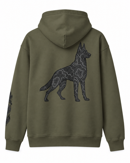 Belgian Malinios Silhouette Hoodie – Subtle Topographic Dog Graphic