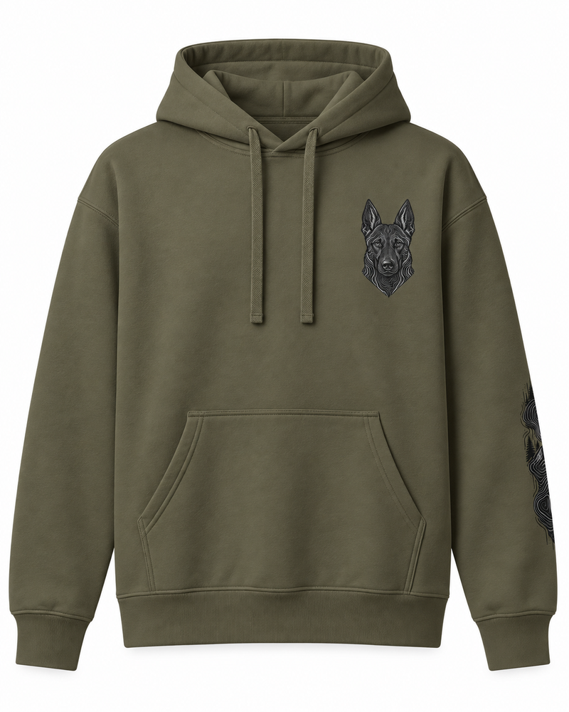 Belgian Malinios Silhouette Hoodie – Subtle Topographic Dog Graphic