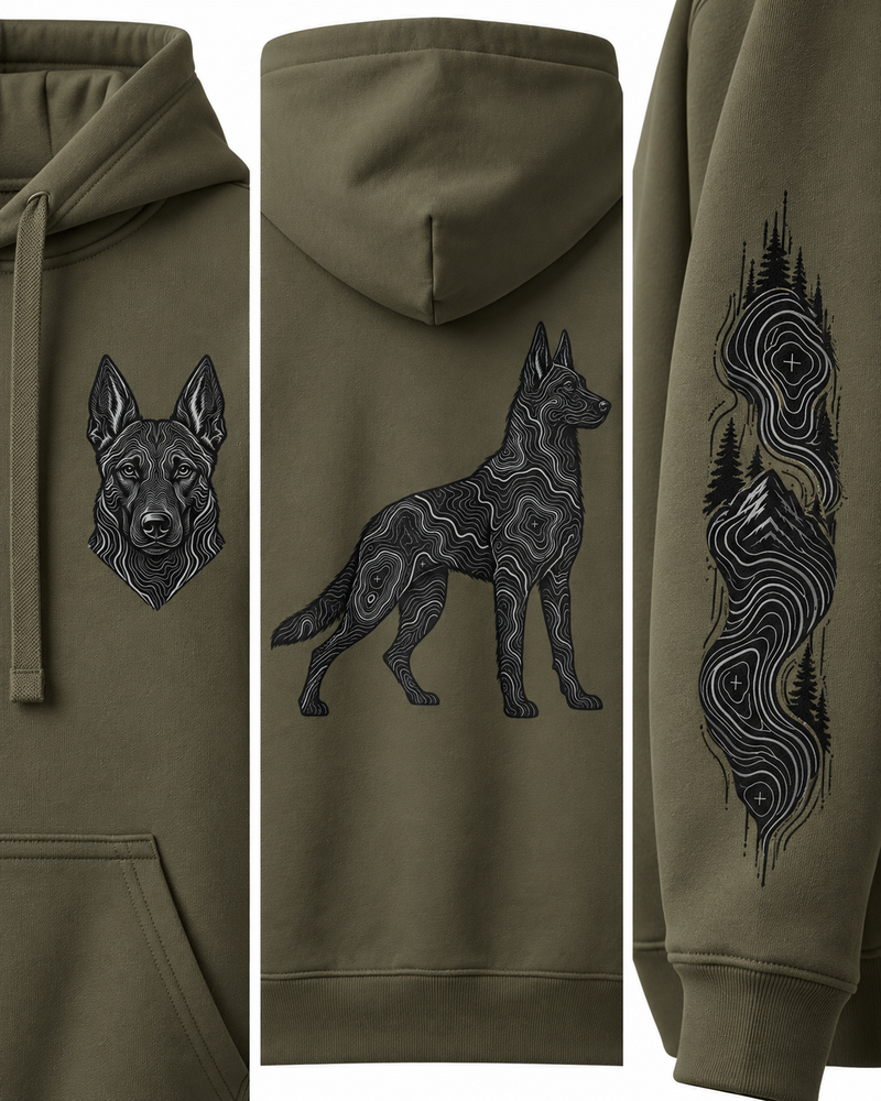 Belgian Malinios Silhouette Hoodie – Subtle Topographic Dog Graphic