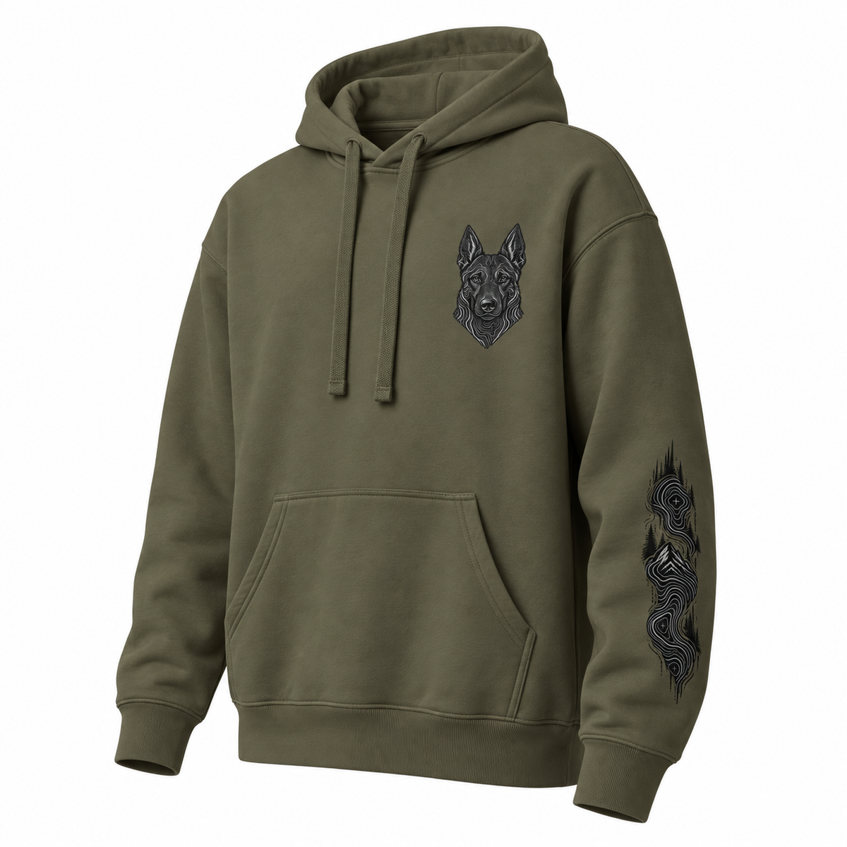 German Shepherd Silhouette Hoodie – Subtle Topographic Dog Graphic