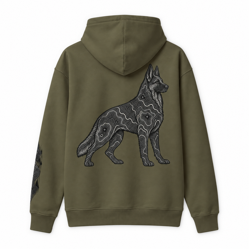 German Shepherd Silhouette Hoodie – Subtle Topographic Dog Graphic