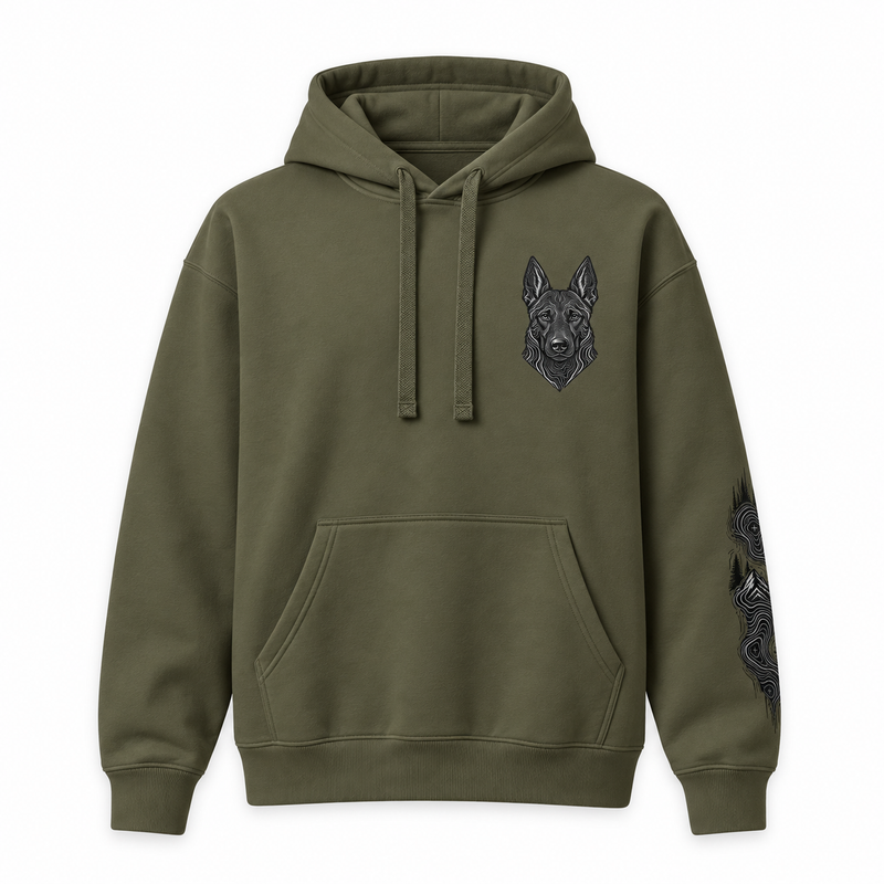 German Shepherd Silhouette Hoodie – Subtle Topographic Dog Graphic