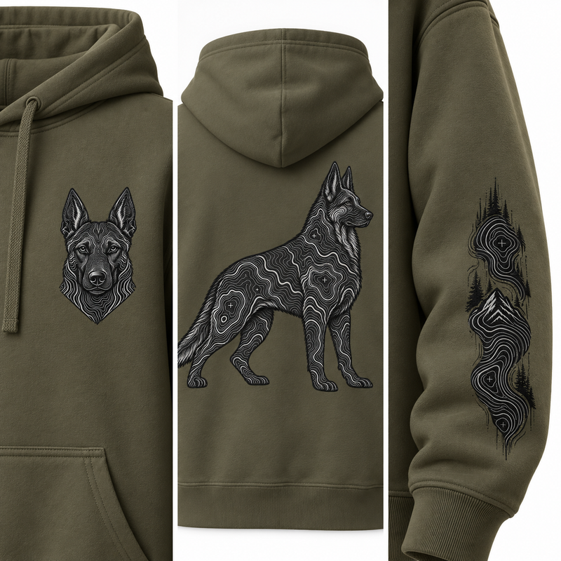 German Shepherd Silhouette Hoodie – Subtle Topographic Dog Graphic