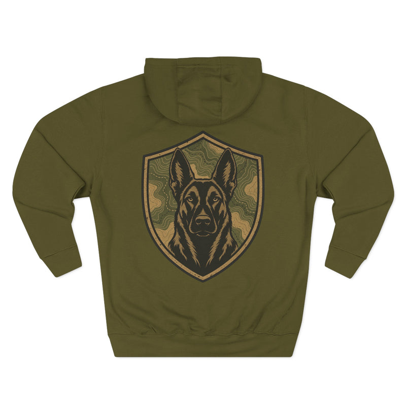 K9 Unit Shield Hoodie — Camouflage Dutch Shepherd Tactical Dog Design