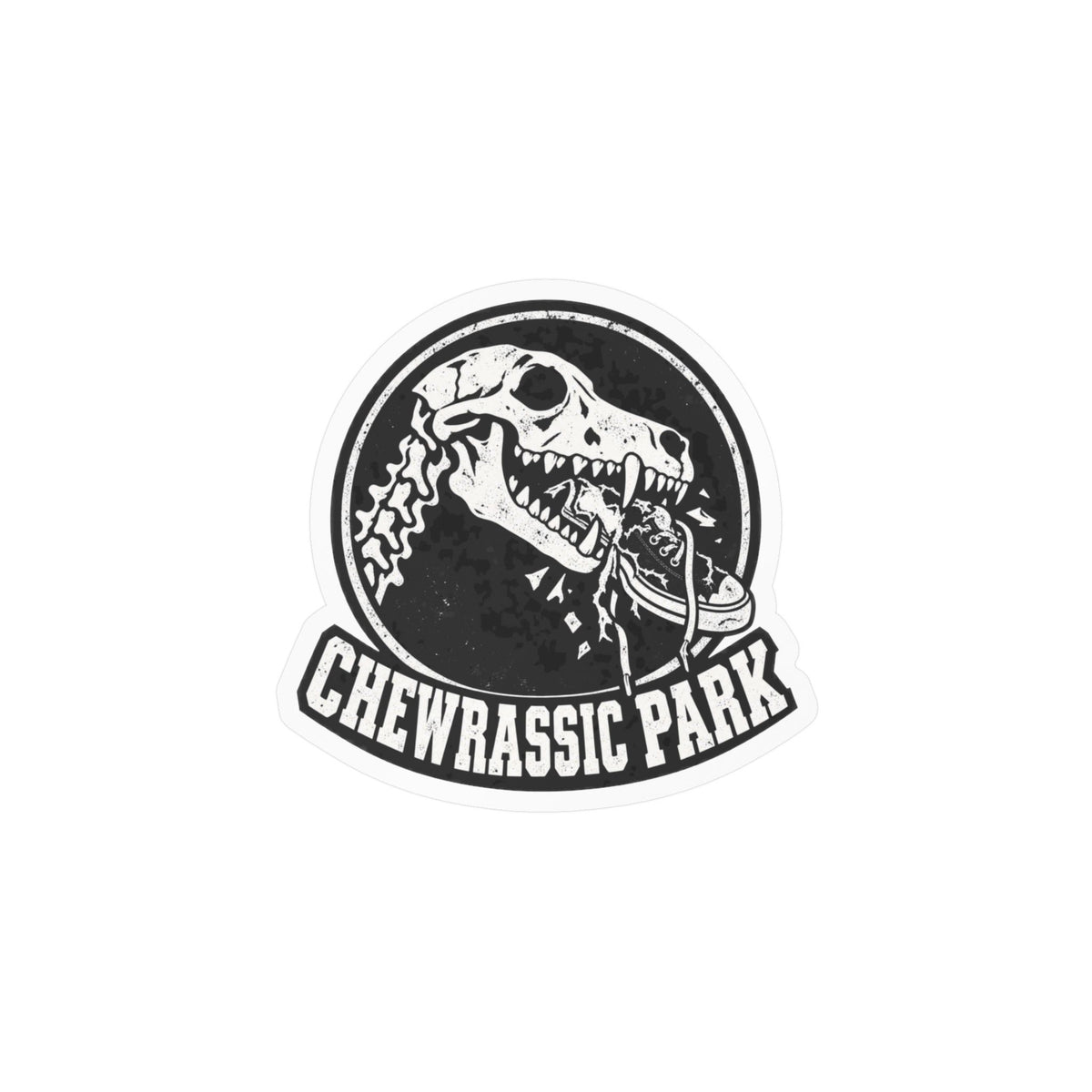 Chewrassic Park K9 Skull Vinyl Sticker — Funny Dog Chewing Shoe Kiss-Cut Decal