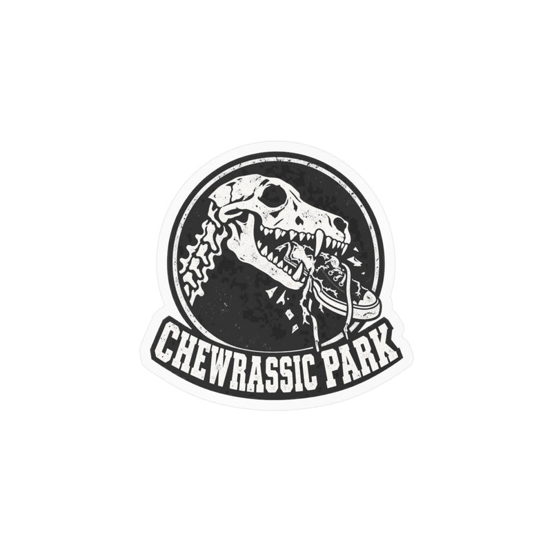Chewrassic Park K9 Skull Vinyl Sticker — Funny Dog Chewing Shoe Kiss-Cut Decal
