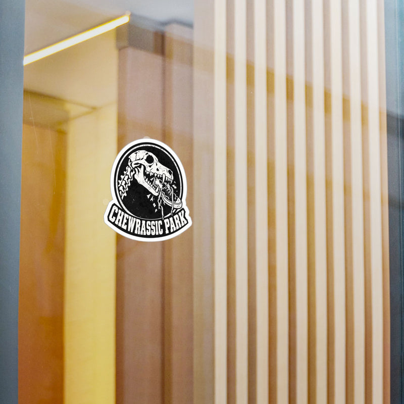 Chewrassic Park K9 Skull Vinyl Sticker — Funny Dog Chewing Shoe Kiss-Cut Decal