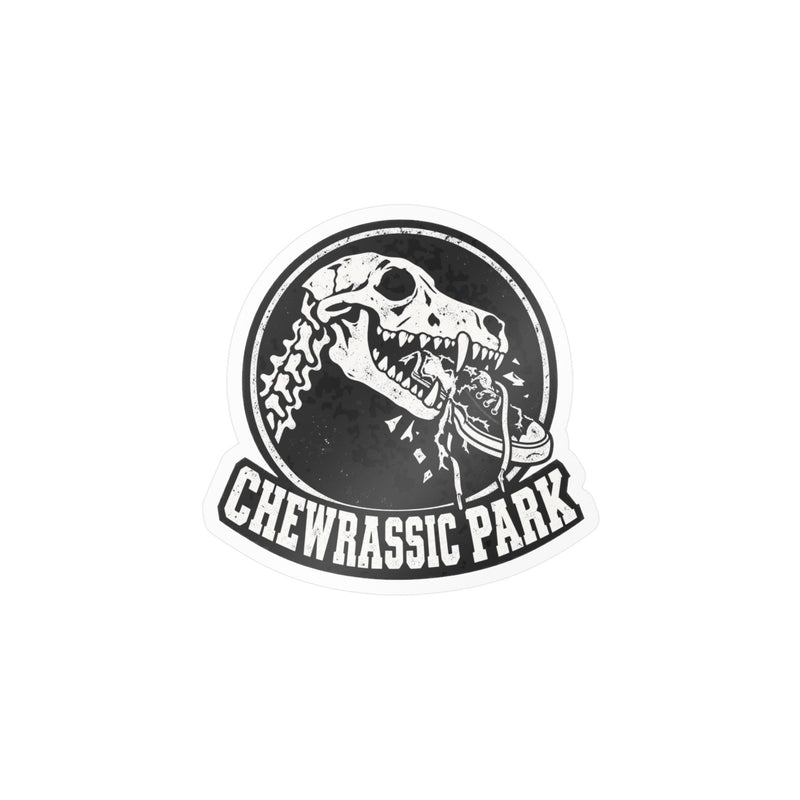 Chewrassic Park K9 Skull Vinyl Sticker — Funny Dog Chewing Shoe Kiss-Cut Decal