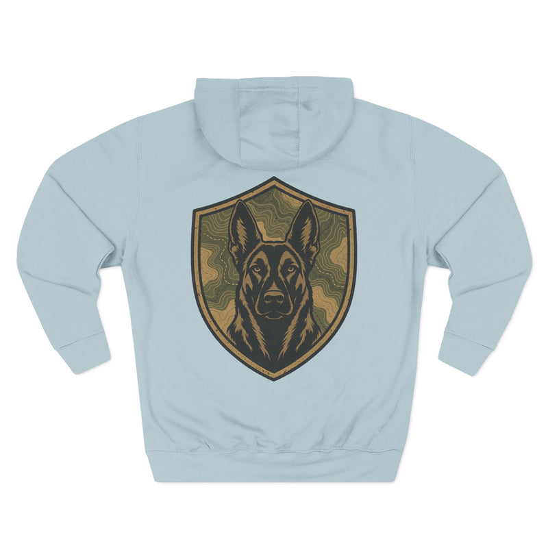 K9 Unit Shield Hoodie — Camouflage Dutch Shepherd Tactical Dog Design